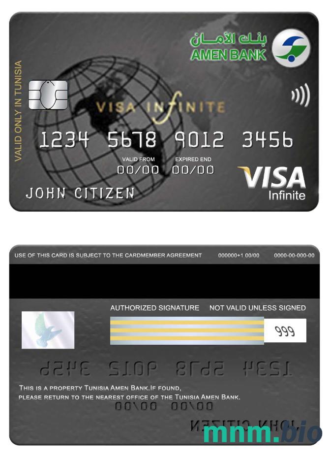 Tunisia Amen Bank infinite przykład karty visa w formacie PSD